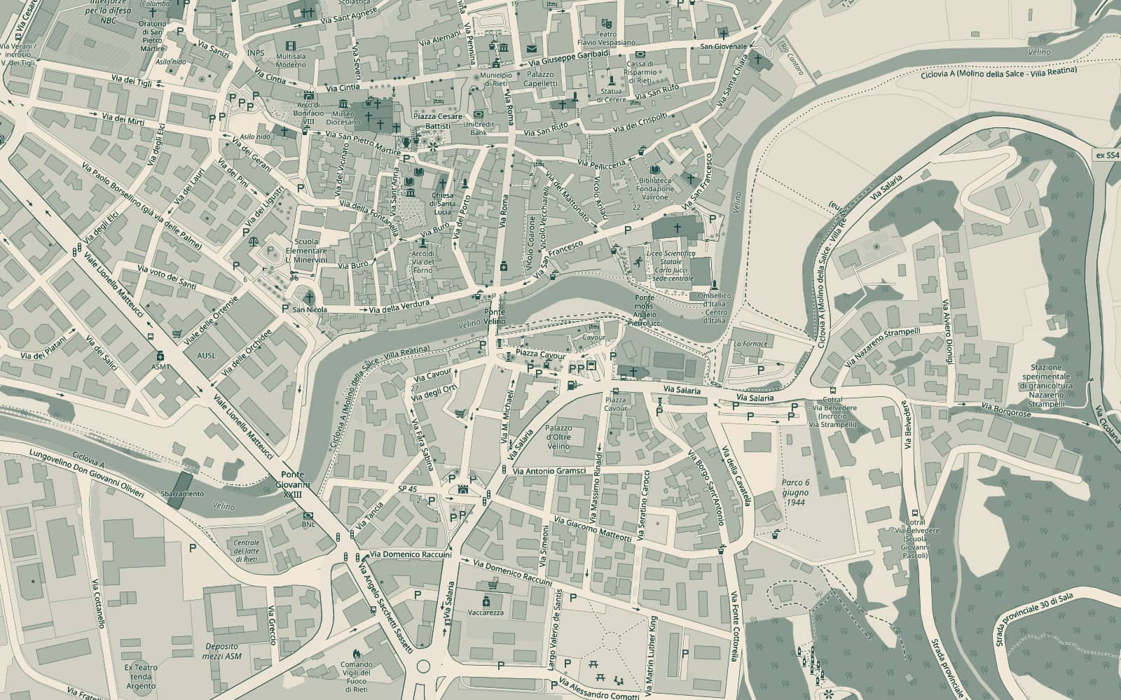 Mappa del centro di Rieti: Piazza Cavour è subito a sud del ponte sul Velino, in fondo a Via Roma.